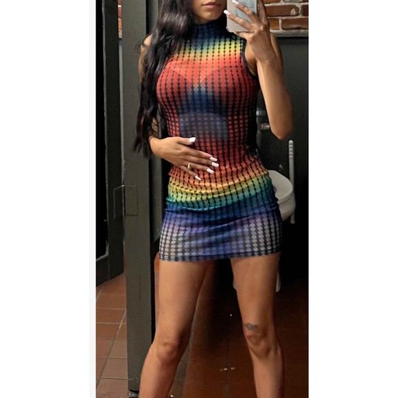 NEW Small Y2k Mesh Rainbow Heatmap 90's Bodycon Mini Dress Sheer Ombre Stretchy - Picture 3 of 6